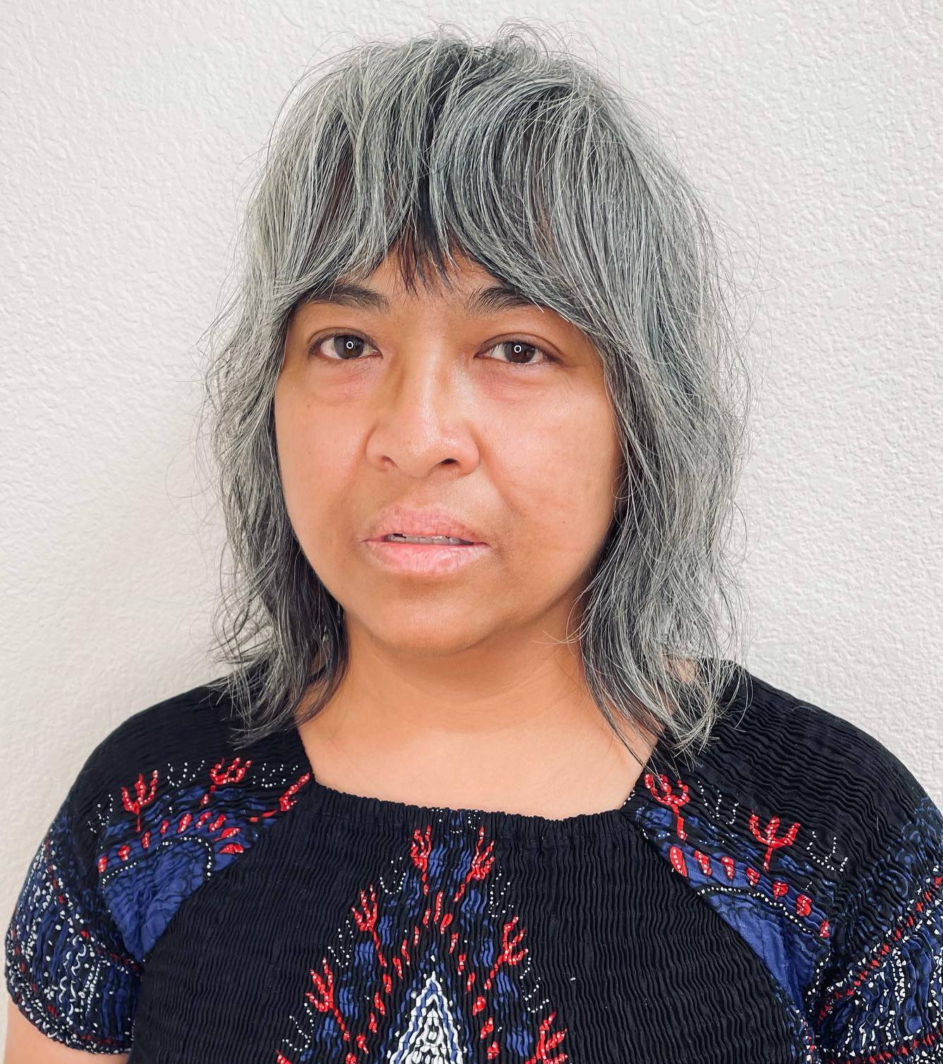 Salt-and-Pepper Midi Shag with Bangs